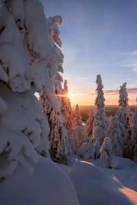 Snow covered landscape against sky during sunset