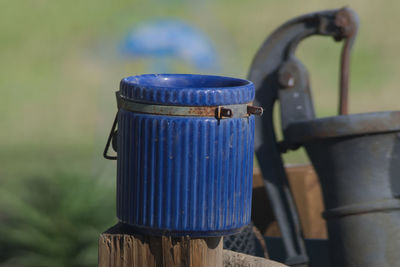 Close-up of blue container
