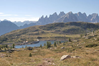 Scenic view of mountains and lake against sky