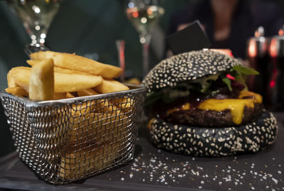 Close-up of burger in plate on table