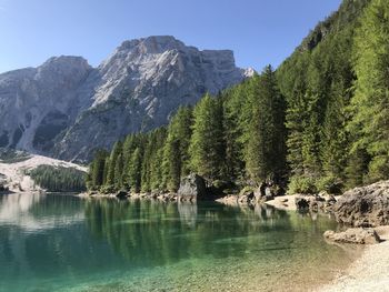Panoramic view of lake and mountains against clear sky