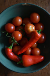 Directly above shot of tomatoes in bowl on table