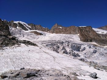 Low angle view of snowcapped mountains against clear blue sky