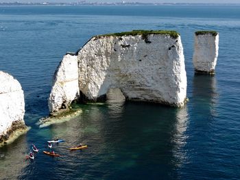 High angle view of boats in sea