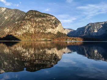 Scenic view of lake and mountains against sky