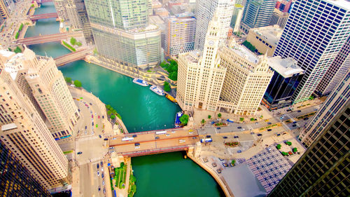 Low angle view of modern buildings in city.chicago,usa