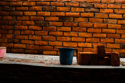 Close-up of potted plant against brick wall