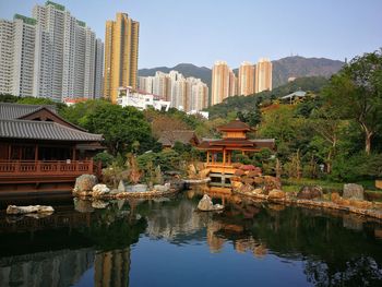 Reflection of buildings in lake