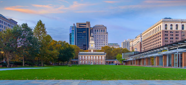 View of park with buildings in background