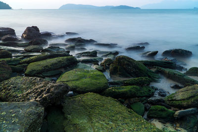 Rocks on sea shore against sky