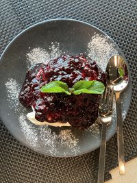 High angle view of dessert in plate on table