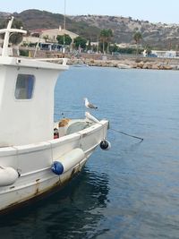 Boats moored in sea by town