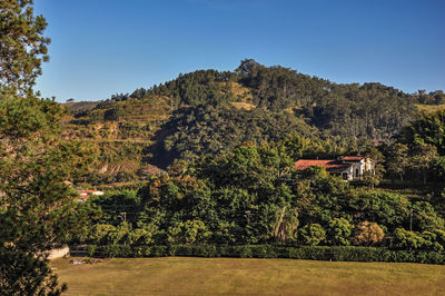 Overview of hills with woods and house in the sunrise, near monte alegre do sul, brazil.