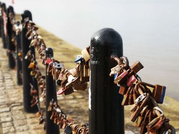 Close-up of padlocks on railing against river