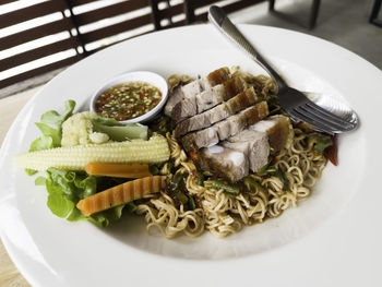 High angle view of food in plate on table