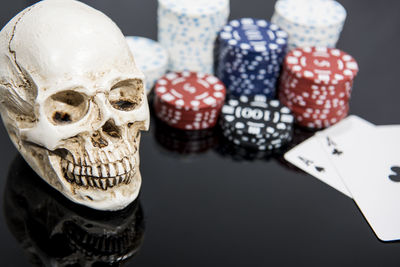 Close-up of human skull on table