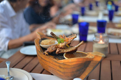 Close-up of meat in plate on table