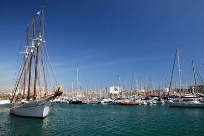 Boats moored at harbor against sky