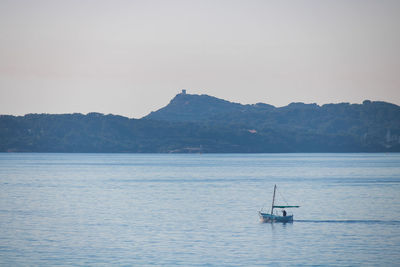 Sailboat sailing on sea against clear sky