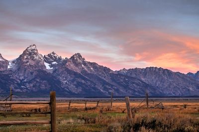 Scenic view of mountains during sunrise