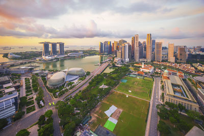 High angle view of buildings in city against sky