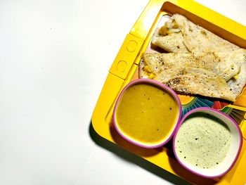 High angle view of breakfast served on table