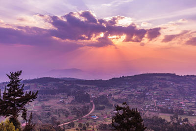 High angle view of landscape against sky during sunset
