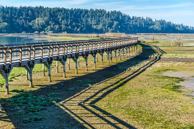 The boardwalk above the nisqually wetlands in washington state.