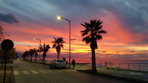 Silhouette palm trees by sea against sky during sunset