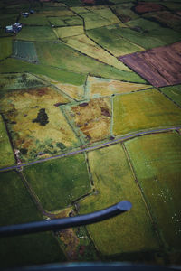 Scenic view of agricultural field seen through airplane window
