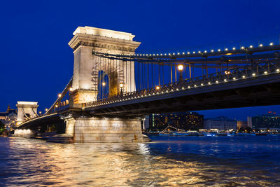 Illuminated szechenyi chain bridge over river danube at night