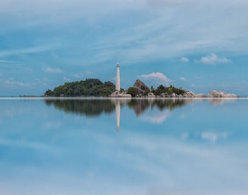 Scenic view of lake by building against sky