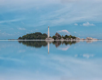 Scenic view of lake by building against sky