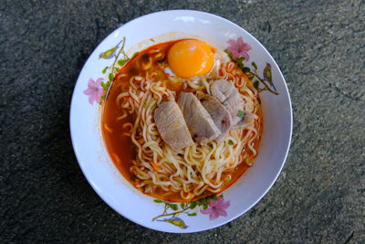 High angle view of breakfast served on table