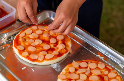 High angle view of person preparing food