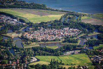 High angle view of buildings in city