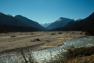 Scenic view of landscape and mountains against clear blue sky