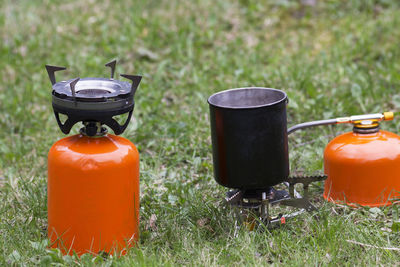 View of tea cup on grass