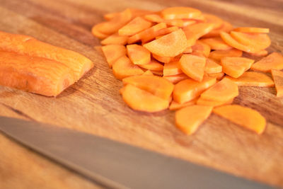 High angle view of chopped vegetables on cutting board