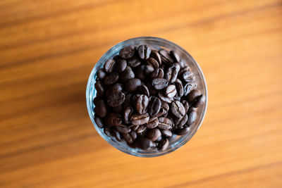 High angle view of coffee beans on table