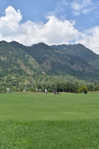 Scenic view of field and mountains against sky