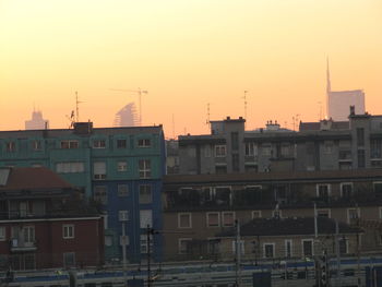 Buildings against sky at sunset