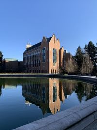 Reflection of building in lake against clear blue sky