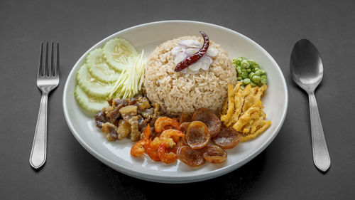 High angle view of food in plate on table