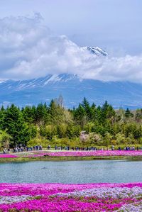 Scenic view of lake against cloudy sky