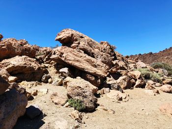 Rock formations against clear blue sky