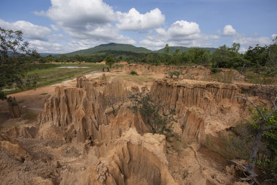 Rock formations on landscape against sky