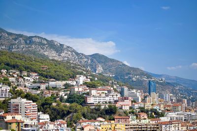 View of cityscape against blue sky
