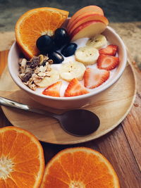 High angle view of breakfast in bowl on table