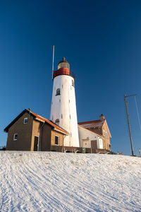 Low angle view of lighthouse on snow covered building against clear blue sky